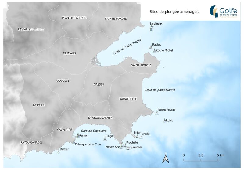 Carte des sites aménagés avec les épaves du Golfe de Saint Tropez pour la plongée